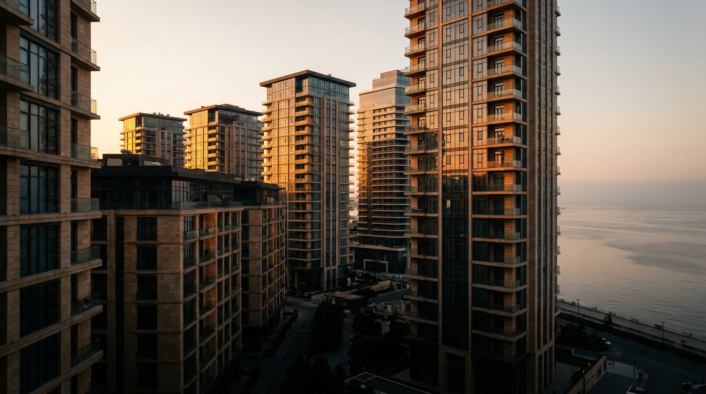 Baku seafront residential towers at golden hour